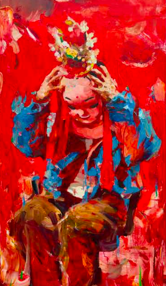 A colorful abstract painting of a person with red hair, smiling, holding a decorative hat with flowers on their head, against a red background.