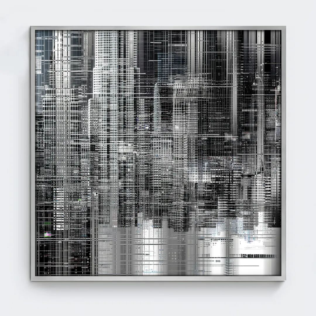 Abstract black and white digital artwork of a city skyline with tall buildings reflected on water.