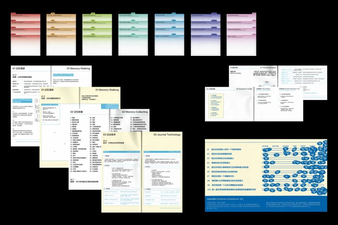 Collection of multiple colorful and white document pages arranged on a black background, including charts, lists, and text in English and Chinese.
