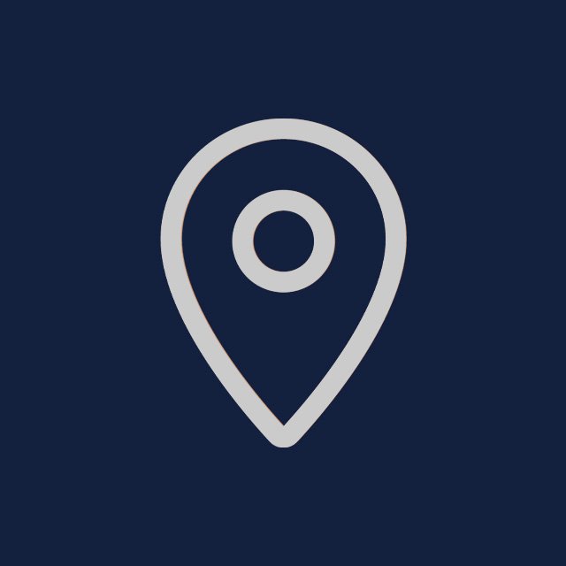 Icon of a location pin, gray on a dark blue background.