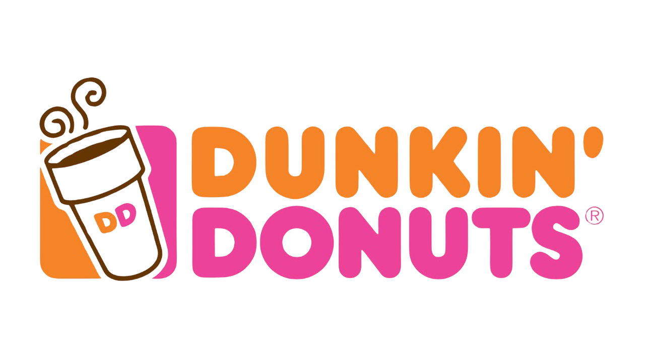 The logo of Dunkin' Donuts featuring an illustrated coffee cup with steam and the brand name in orange and pink text.