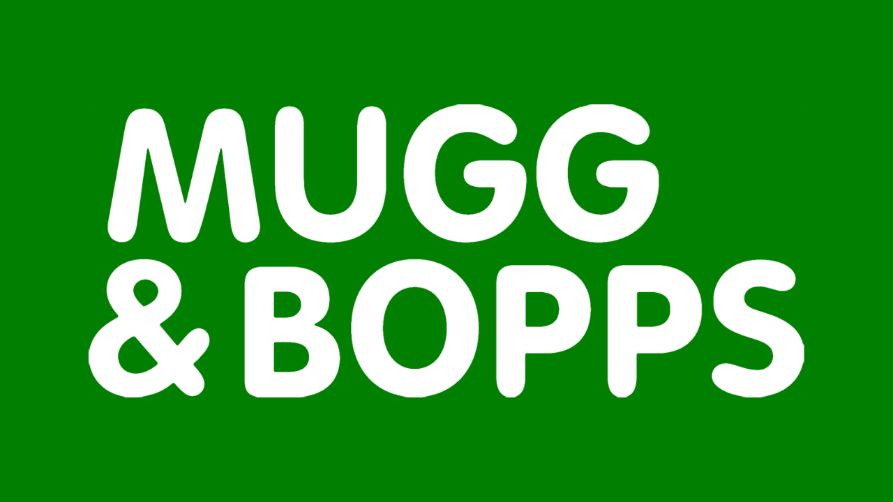Green background with white text that reads 'MUGG & BOPS'.