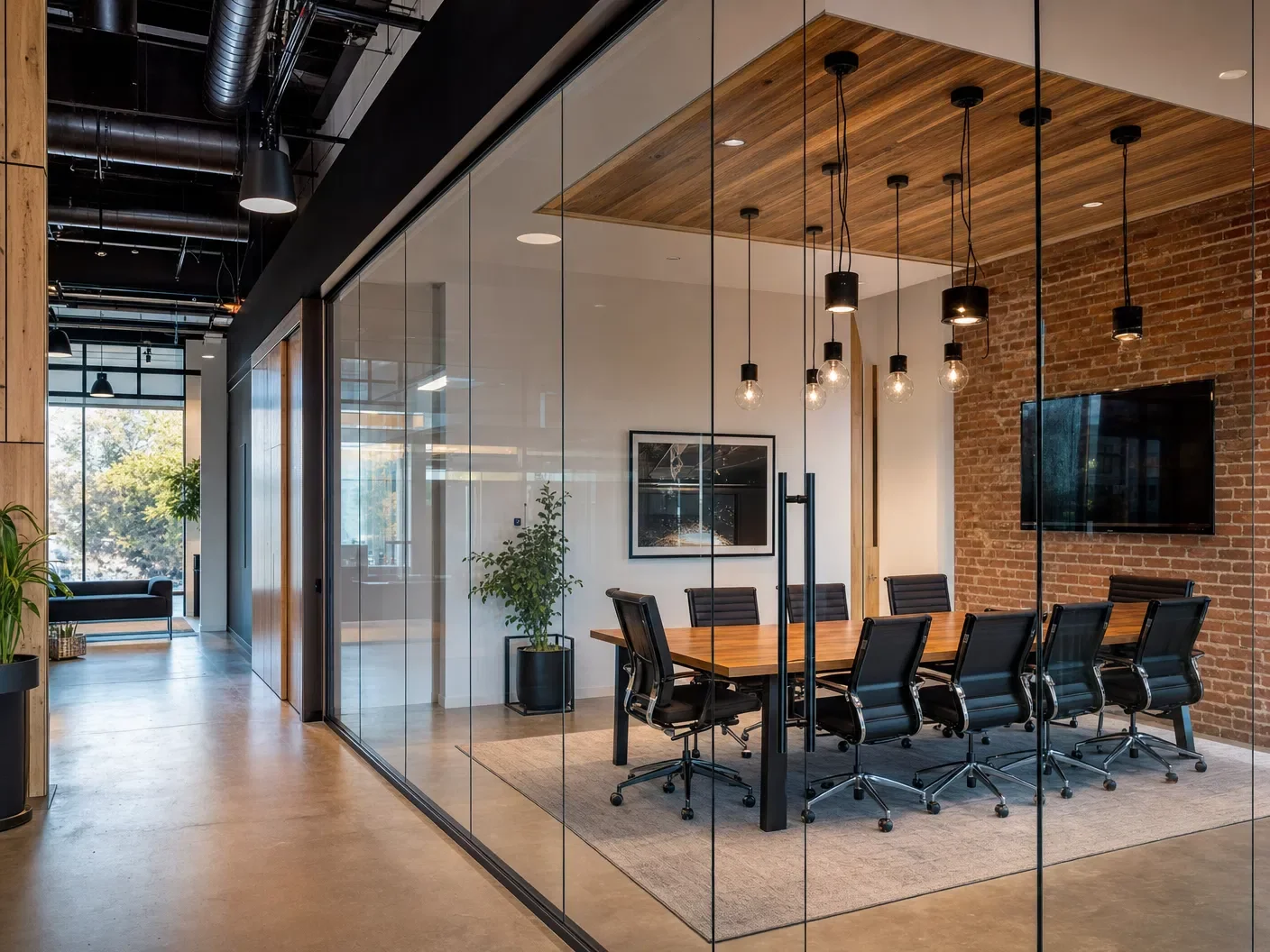 Modern office conference room with a glass wall, a wooden table surrounded by black chairs, a brick accent wall with a mounted TV, pendant lights hanging from the ceiling, and a framed picture on the wall.