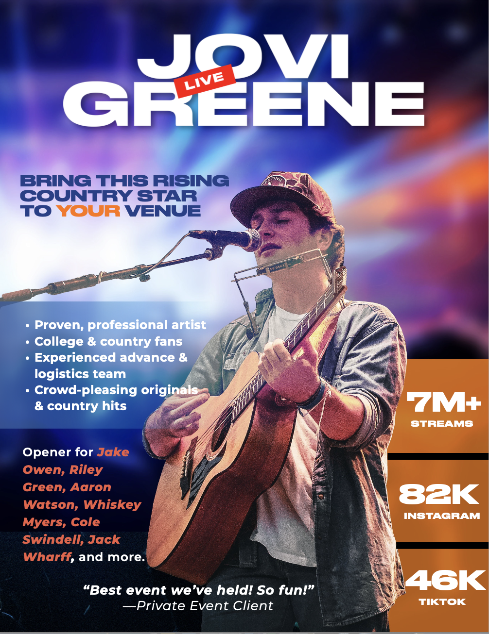 Promotional poster for a Jovi Greene live music event. Features a young man playing an acoustic guitar and singing into a microphone, with colorful stage lights in the background. Text highlights attendance metrics and artist details.