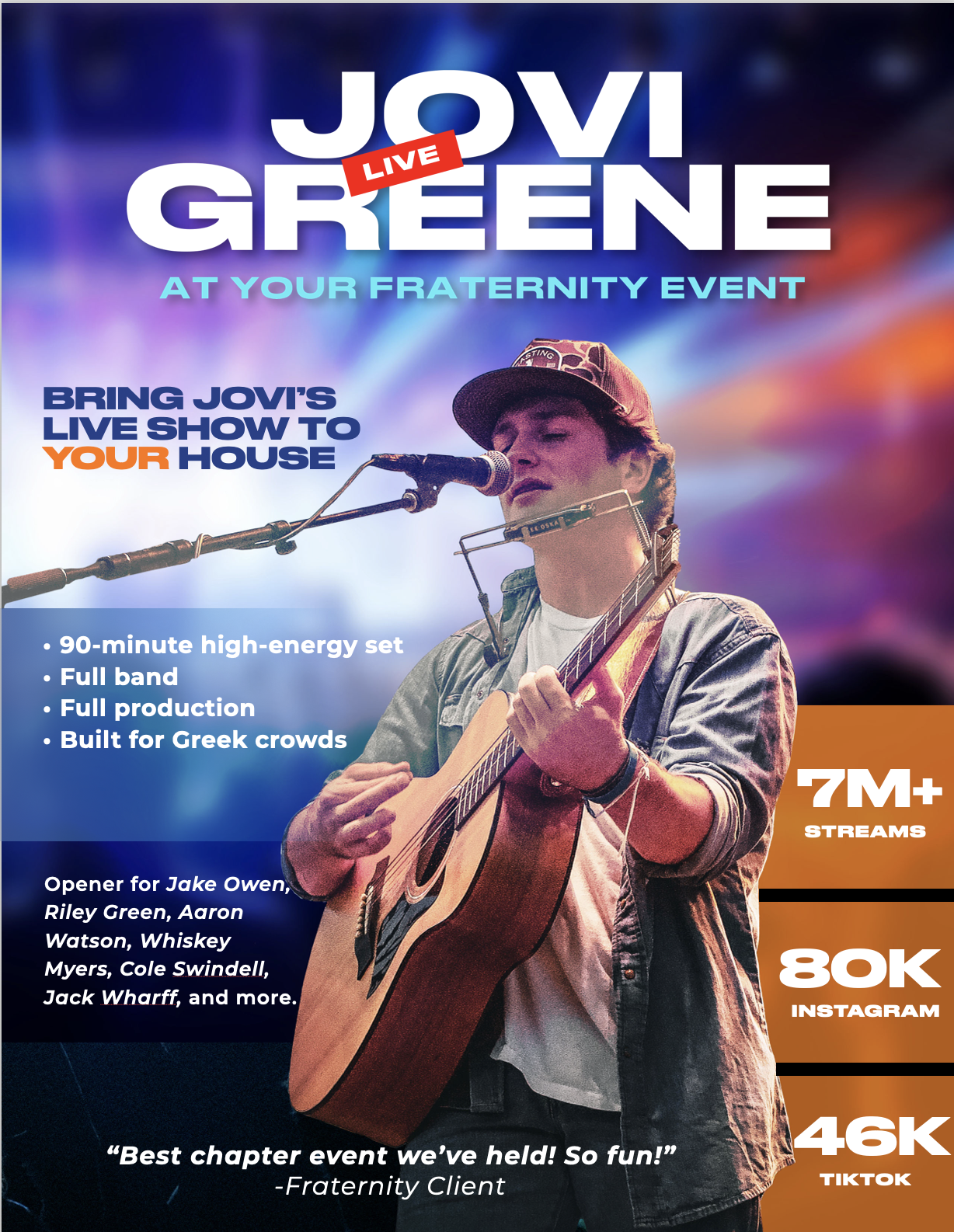 Promotional poster featuring a young male musician singing into a microphone while playing an acoustic guitar, advertising Jovi Green's live music event at a fraternity, with event details and social media stats.