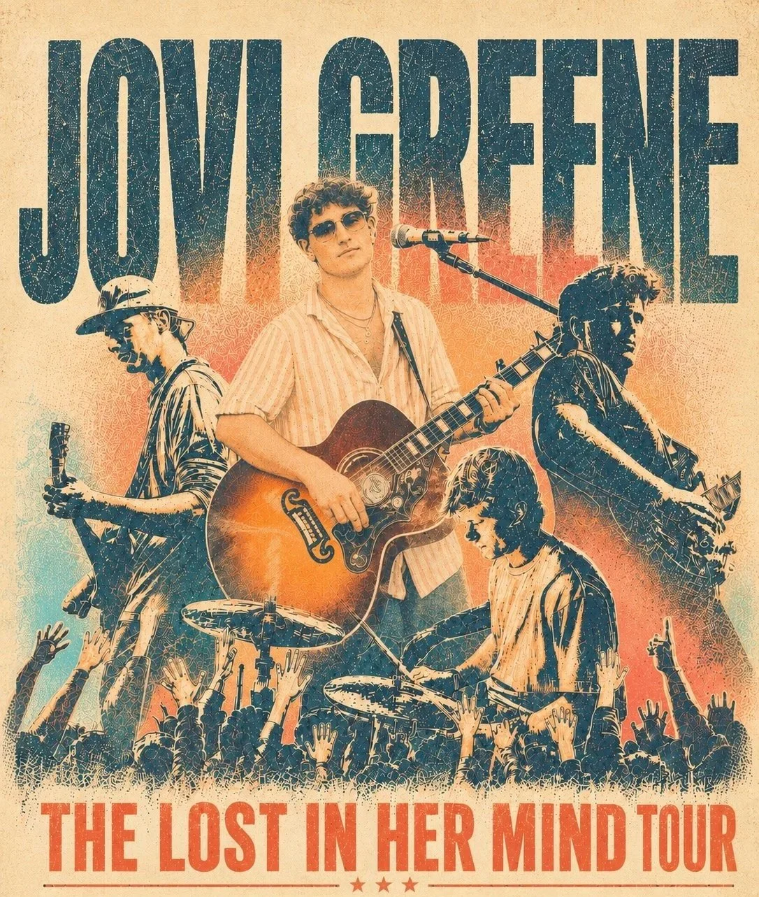 A band performing on stage with a crowd in front. The band features three male musicians, one playing guitar, another playing drums, and a third with a guitar. The background shows the name 'JOVI GRENE' in large textured lettering, and the event title 'THE LOST IN HER MIND TOUR' in red at the bottom.