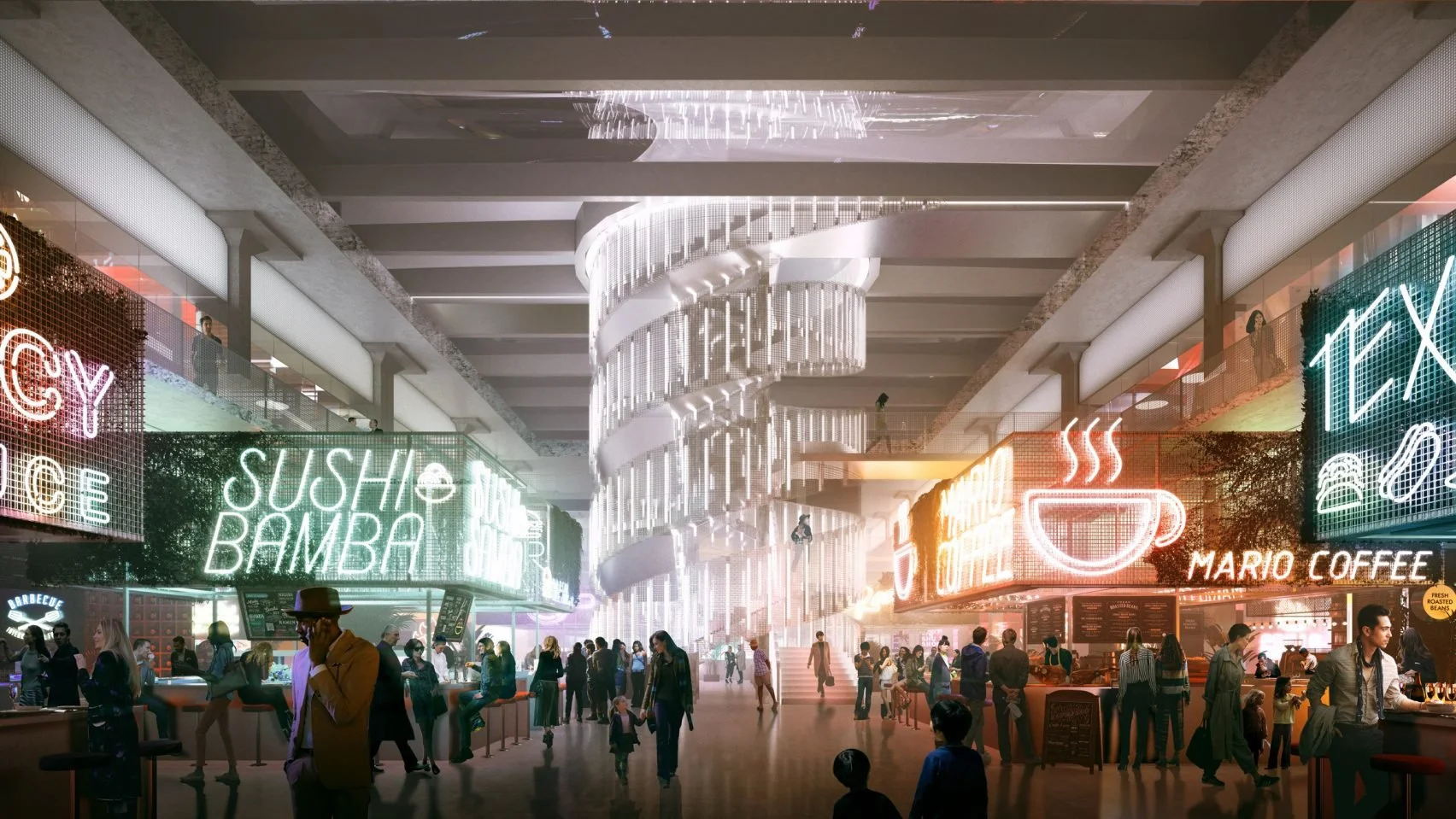 A busy indoor marketplace or food hall with neon signs for various food vendors, including sushi, burgers, and coffee. The space has a modern design with a large, spiraling staircase in the center, multiple levels, and people walking, sitting, and shopping.