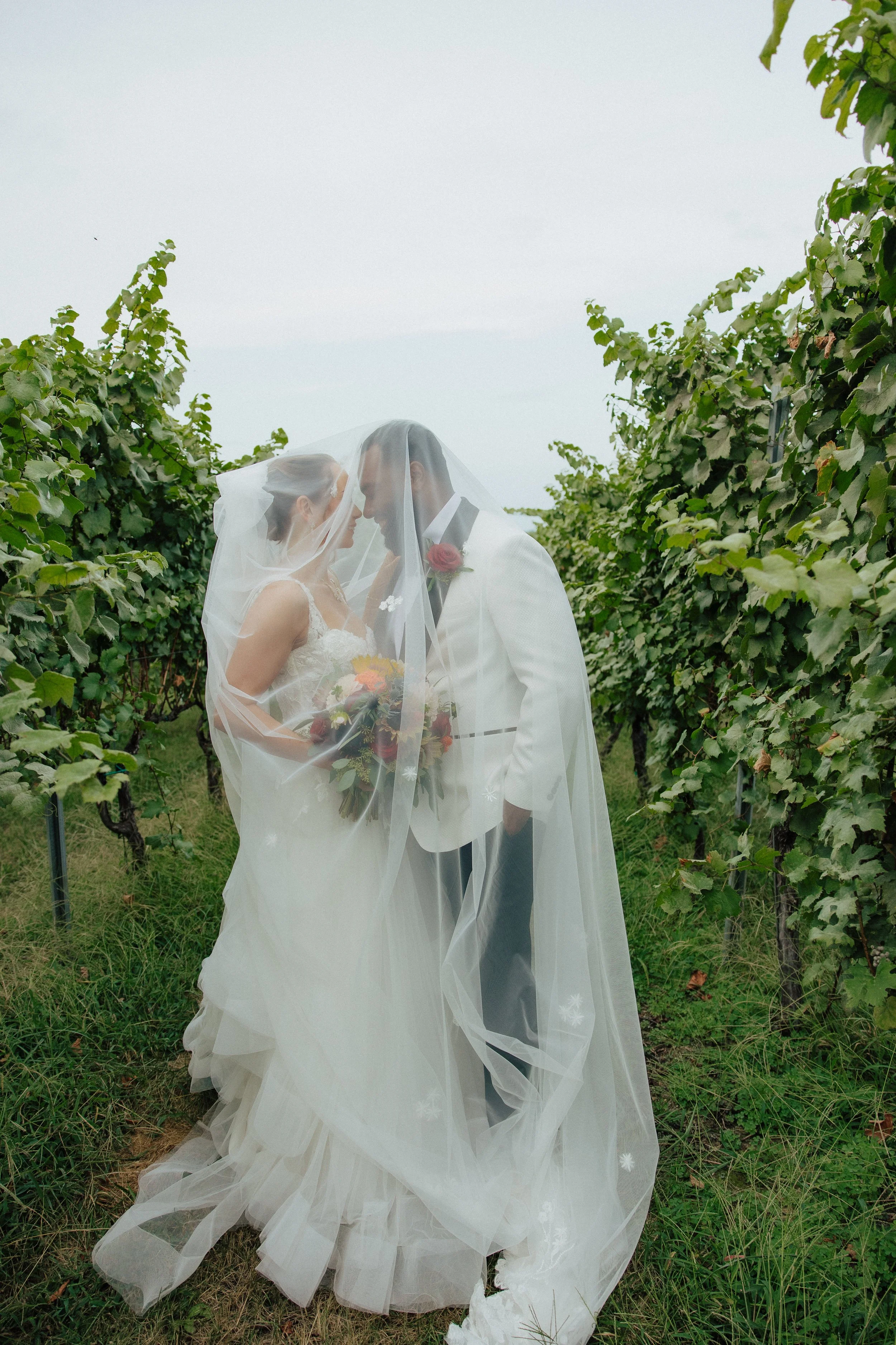A bride and groom standing close together in a vineyard, under a veil, sharing an intimate moment. The bride is holding a bouquet of flowers, and the groom has a red rose boutonniere on his white suit. The lush green vineyard surrounds them.