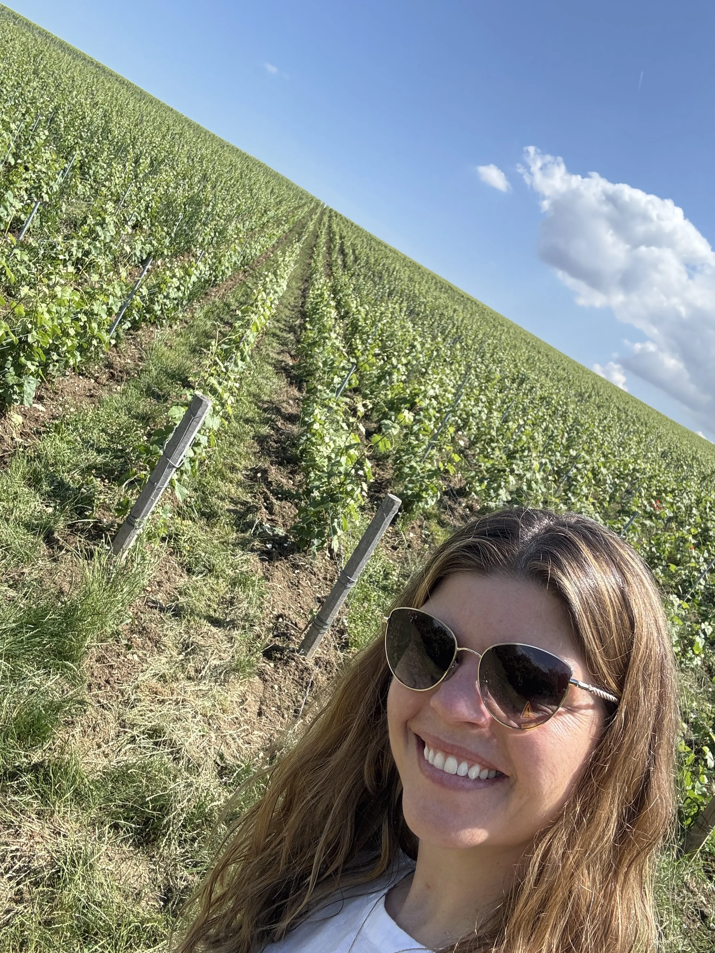 A woman with long light brown hair wearing sunglasses and a white shirt, smiling and taking a selfie in a vineyard on a sunny day with a blue sky and scattered clouds.