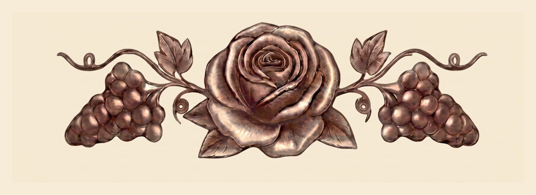 Decorative metal wall art featuring a central rose with leaves and two clusters of grapes on either side.