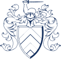 A coat of arms featuring a shield with a chevron and three objects above it, surrounded by ornate decorative elements.