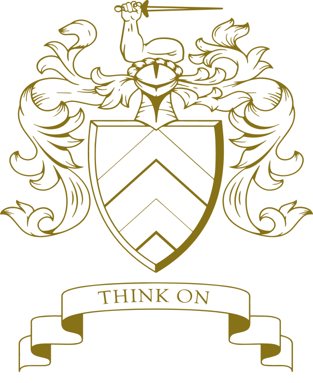 A black and gold coat of arms featuring a shield with three chevrons, a knight's helmet, ornate flourishes, a warrior holding a sword above the shield, and a banner with the phrase "Think On."