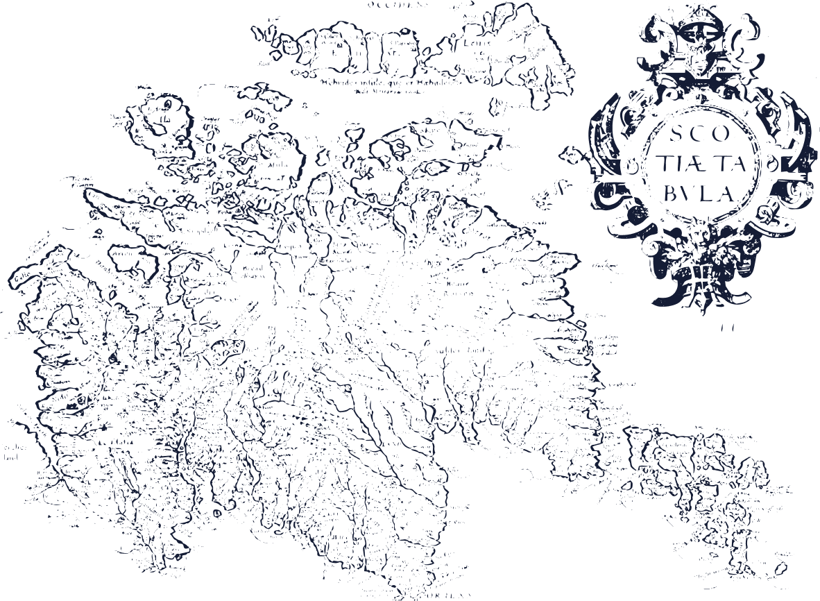 Black and white map of Scotland with the words 'Scotia Tablua' inside a decorative crest on the right side.