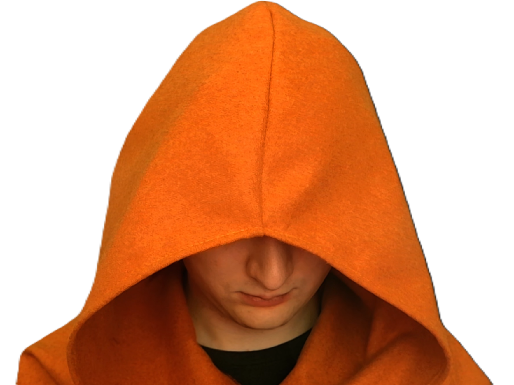 This is Orjaxu, wearing an orange hooded cloak, head bowed.
