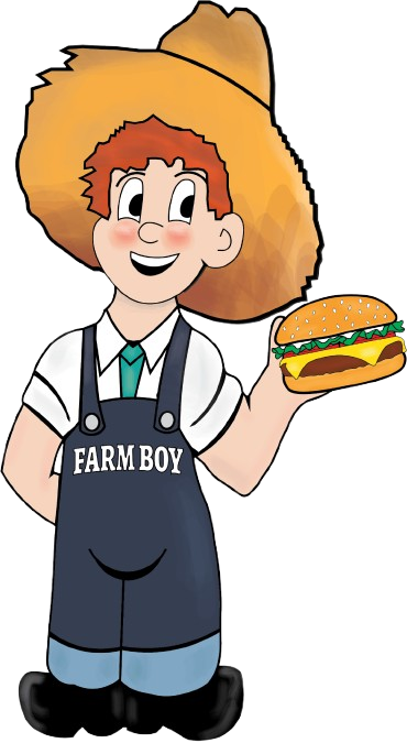 A cartoon boy wearing a straw hat and overalls that say 'FARM BOY,' holding a hamburger with lettuce, tomato, and cheese.
