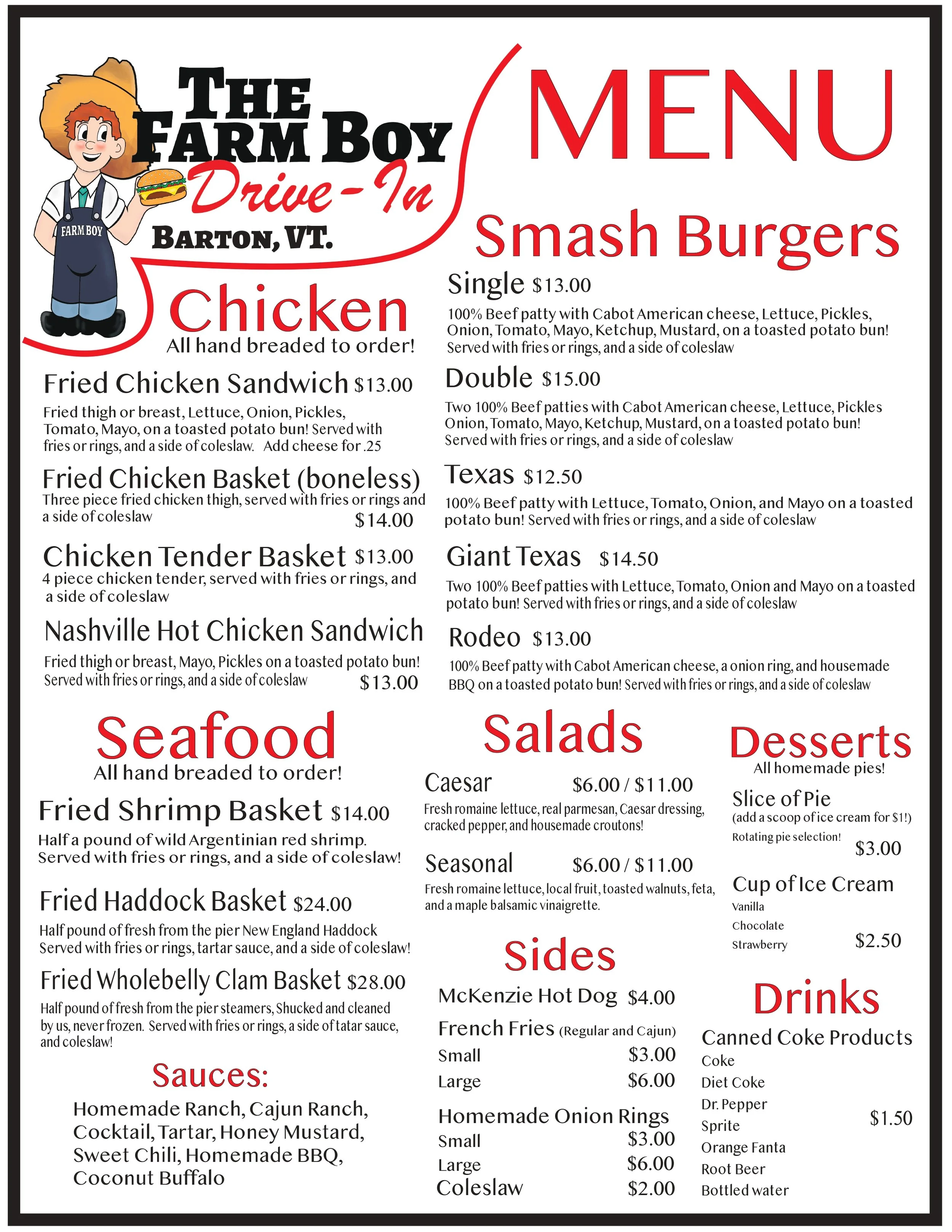 Menu from The Farm Boy Drive-In in Barton, VT, featuring a cartoon boy holding a burger. The menu includes categories for seafood, salads, desserts, sides, and drinks, with various food items and prices listed.