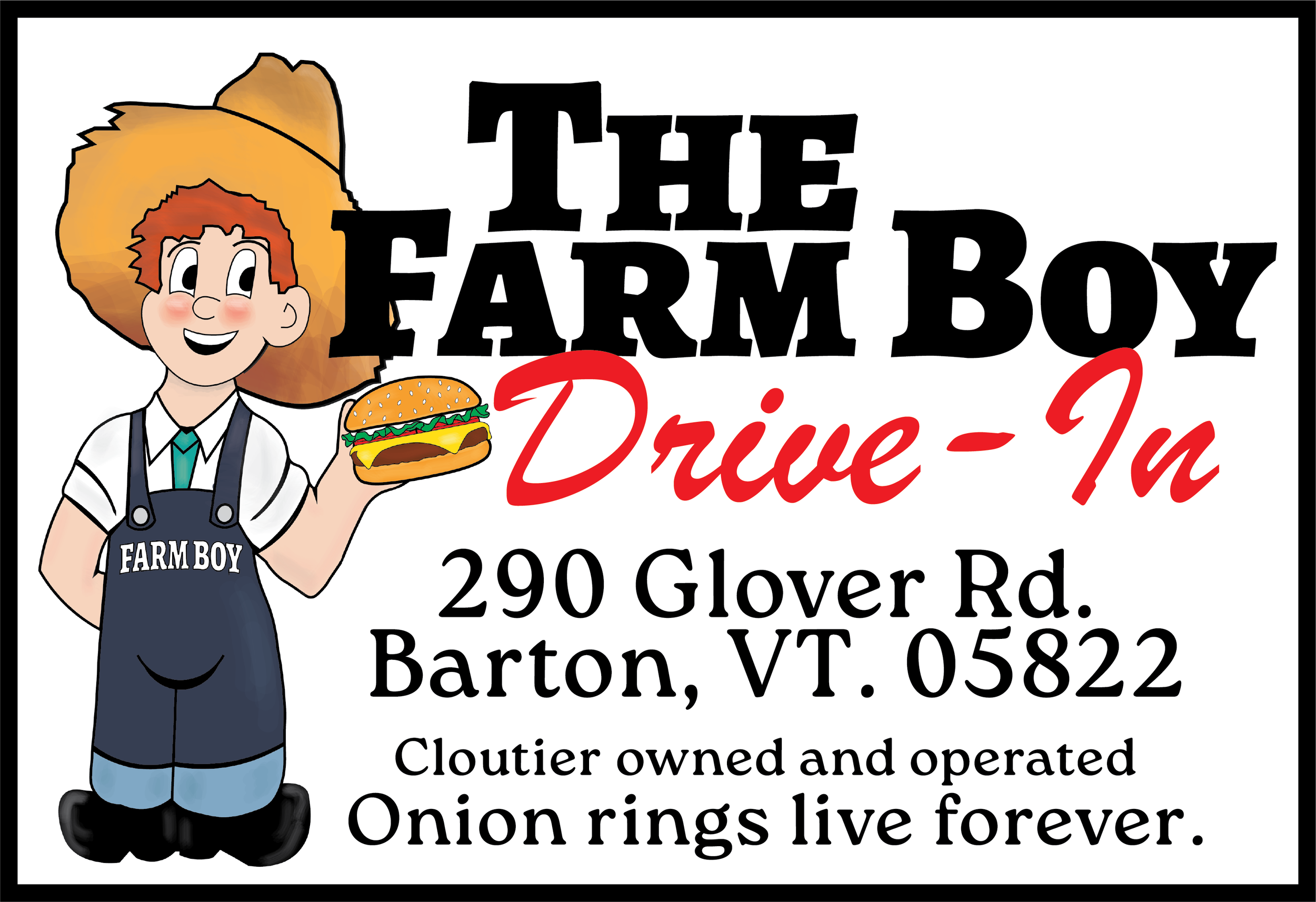 Illustration of a smiling farm boy with red hair, wearing a large straw hat, white shirt, black apron with 'FARM BOY' written on it, blue jeans, and black boots, holding a cheeseburger.