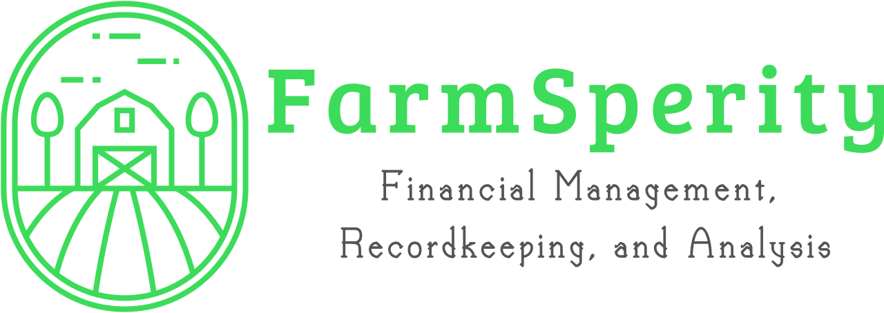 Logo for FarmSperity, featuring a green outline of a barn, barnyard, and fields with the text 'FarmSperity' and the tagline 'Financial Management, Recordkeeping, and Analysis'.