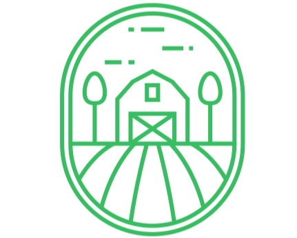 Line drawing of a barn with two trees on either side, inside a oval shape with lines representing fields and a sky.