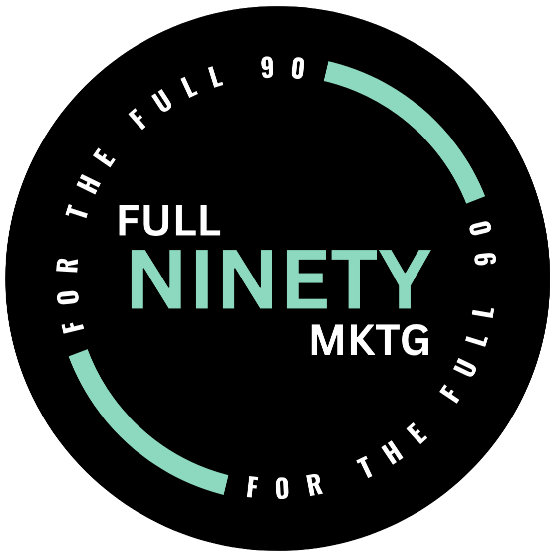Circular logo with black background, text reads 'Full NINETY MKTG,' with 'NINETY' in large, light blue letters, and the other text in smaller white letters. A partial light blue circle surrounds the text.