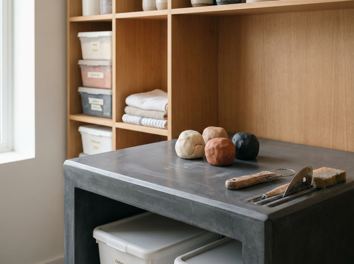 Clay modeling tools on a concrete countertop, with four colorful clay balls and a sponge, in a room with wooden shelves and storage boxes.