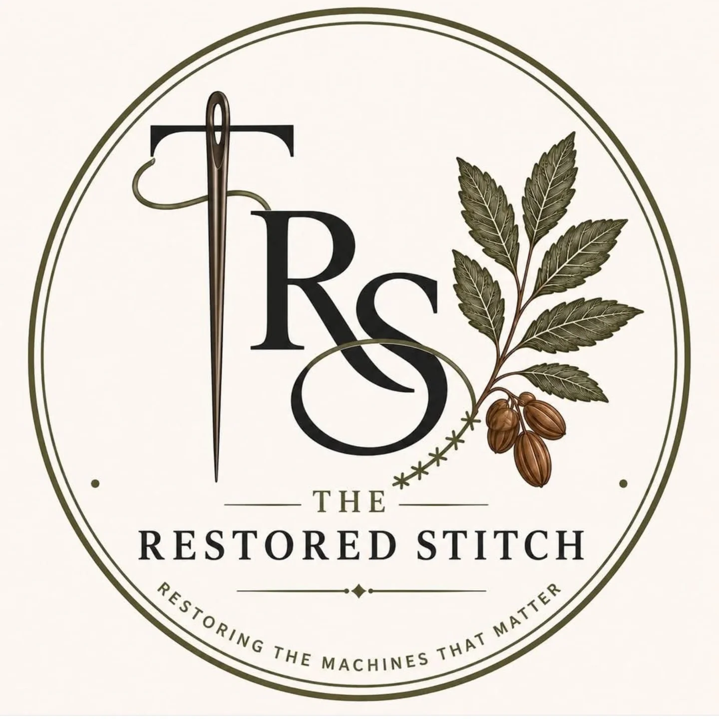 Logo for The Restored Stitch with a sewing needle, thread, and a sprig of plant with leaves and seed pods, and the text 'The Restored Stitch' and 'Restoring the Machines That Matter'.