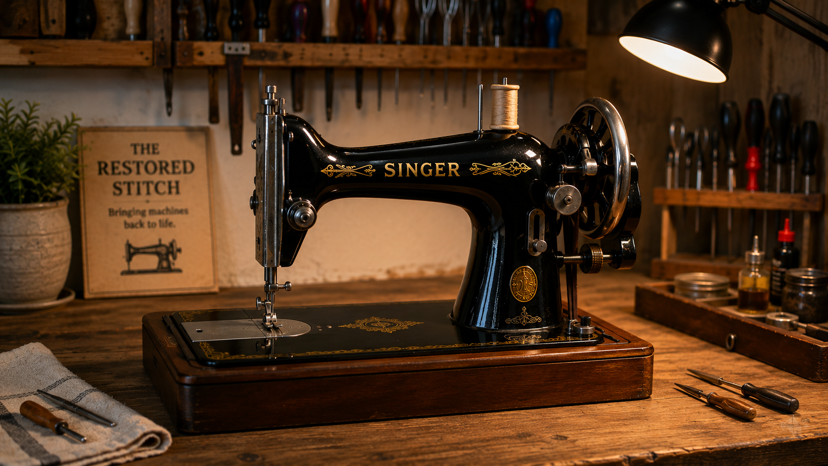 A vintage black Singer sewing machine on a wooden workbench in a craft room, with tools and supplies around it.