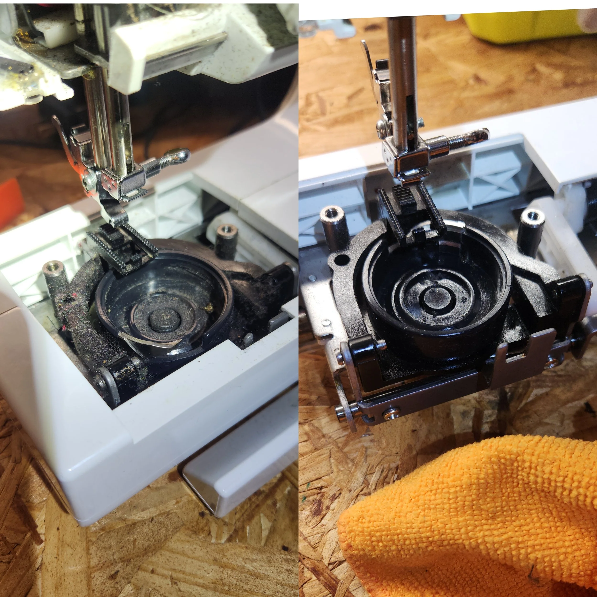 Close-up of a disassembled mechanical device on a workbench, showing metal parts and gears, with a yellow cloth or sponge nearby.