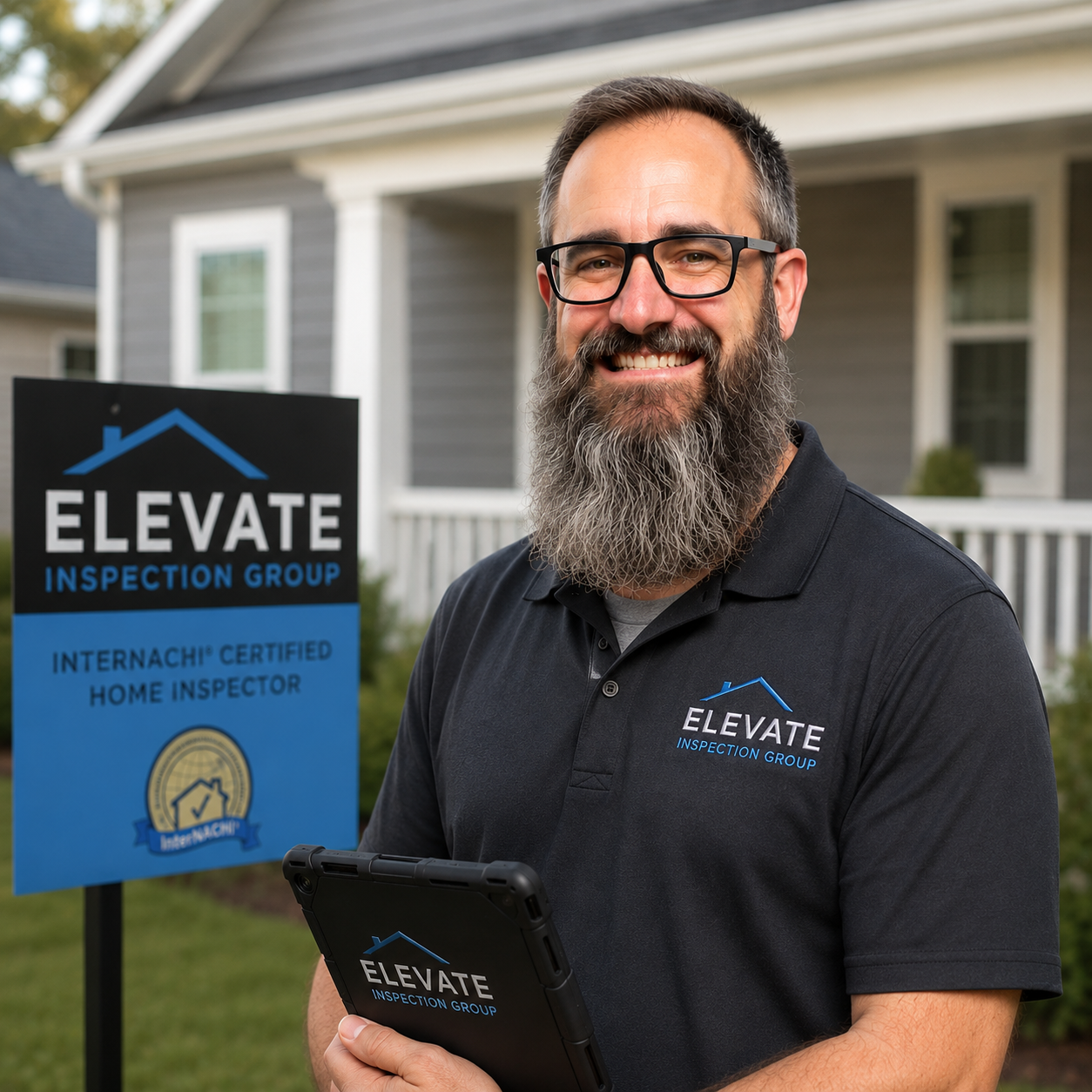 A smiling man with glasses and a beard holding a tablet, standing in front of a house with a sign for Elevate Inspection Group, indicating he is an Internachi certified home inspector.
