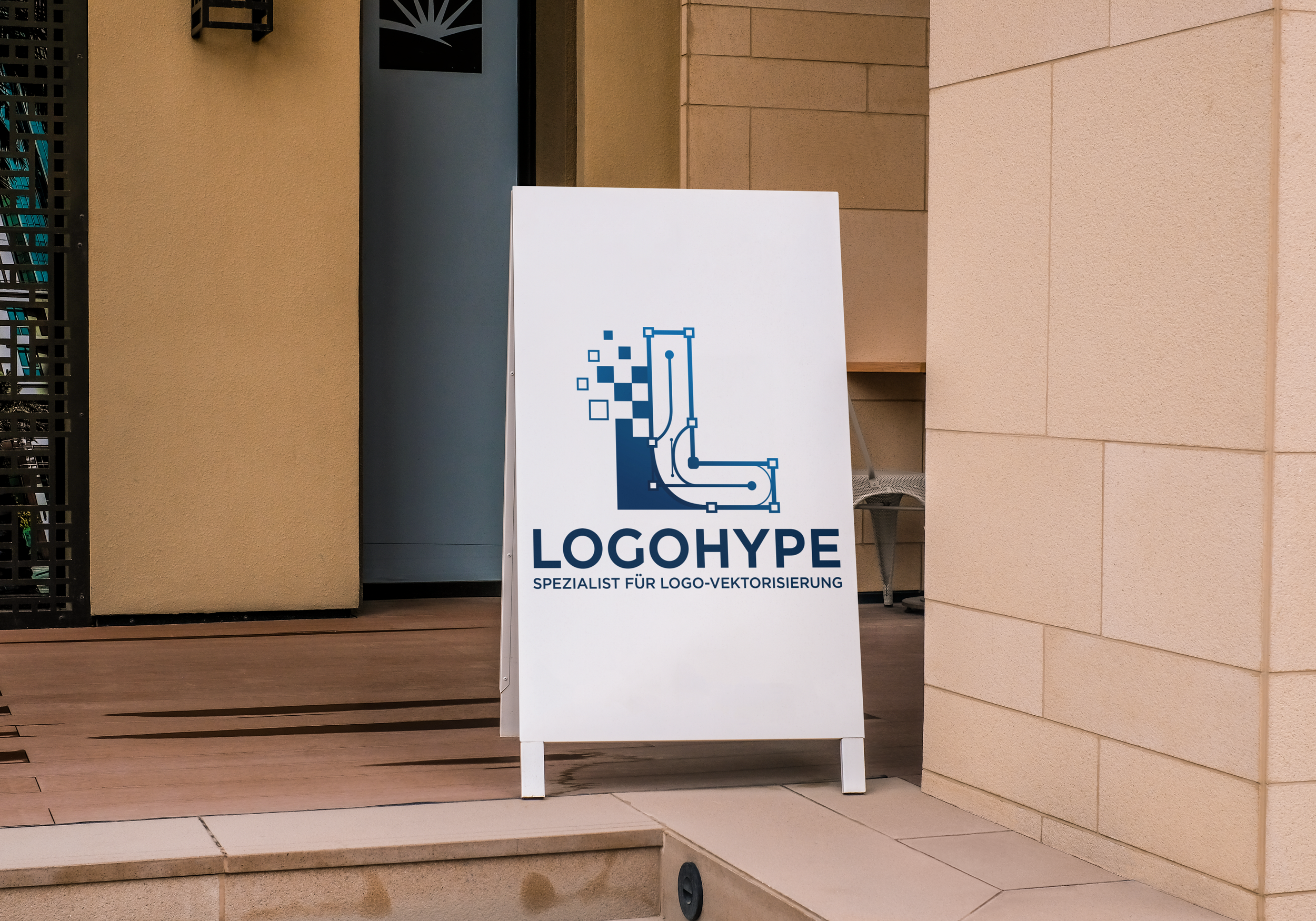 Werbetafel für ein Logo-Vektorisierungsunternehmen mit einem technischen Logo und der Aufschrift 'LOGOHYPE' darüber, im Außenbereich an einer Gebäudefassade.
