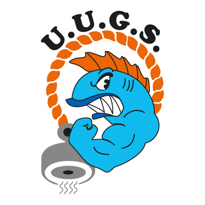 Ein muskulöser, kämpferischer Fisch mit Orange Rückenflosse, der eine Rolle Toilettenpapier in der Hand hält, mit dem Schriftzug "U.H.U.G.S." darüber.