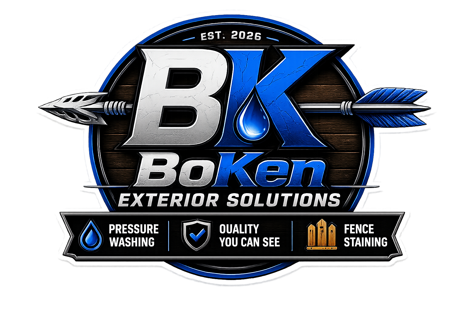 Logo for Boken Exterior Solutions, established in 2026, featuring a wooden background with a large letter 'B' and 'K' with a water drop and an arrow, indicating services like pressure washing, fence staining, and emphasizing quality.
