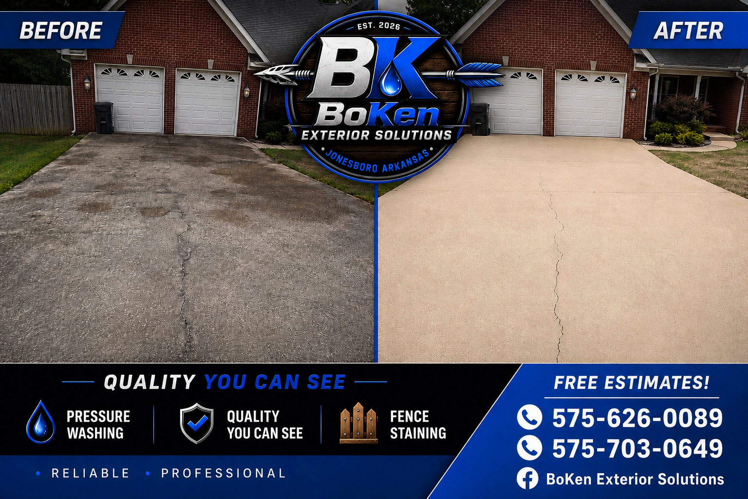 Before and after comparison of a driveway with concrete cleaning. The driveway on the left is dirty and stained, and the driveway on the right is clean and new-looking. The advertisement is for BoKen Exterior Solutions in Jonesboro, Arkansas, offering pressure washing, fence staining, and other exterior cleaning services. Contact information and a logo are at the bottom.