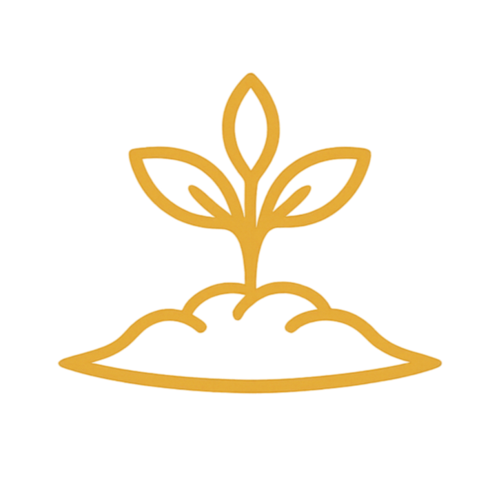 Gold outline of a small plant with three leaves growing from a mound of soil.