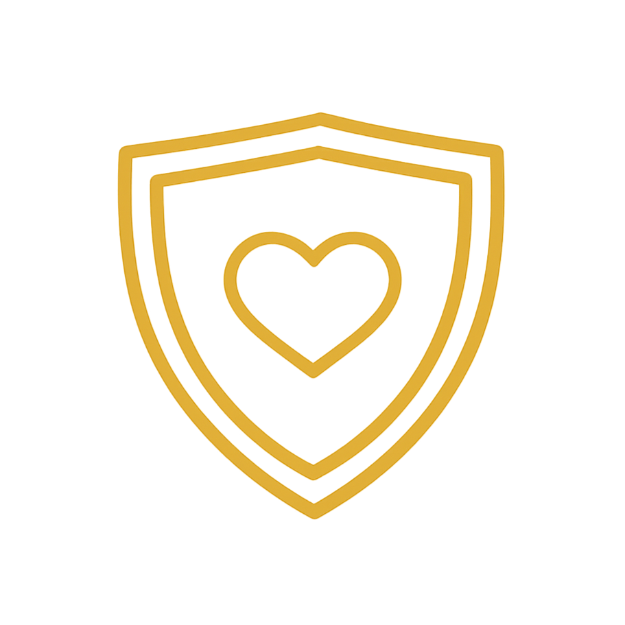 Golden shield emblem with a heart in the center, symbolizing protection and care.