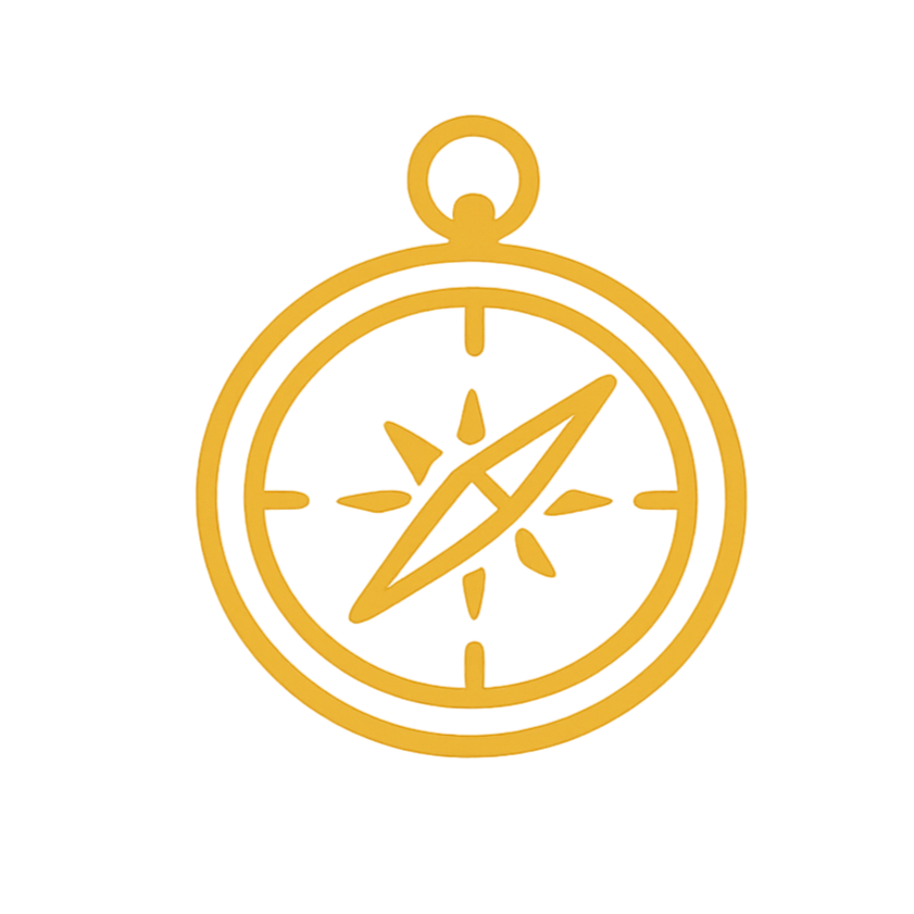A gold compass pendant with a circular shape and a loop at the top for a chain, featuring a stylized compass rose with four main directions.