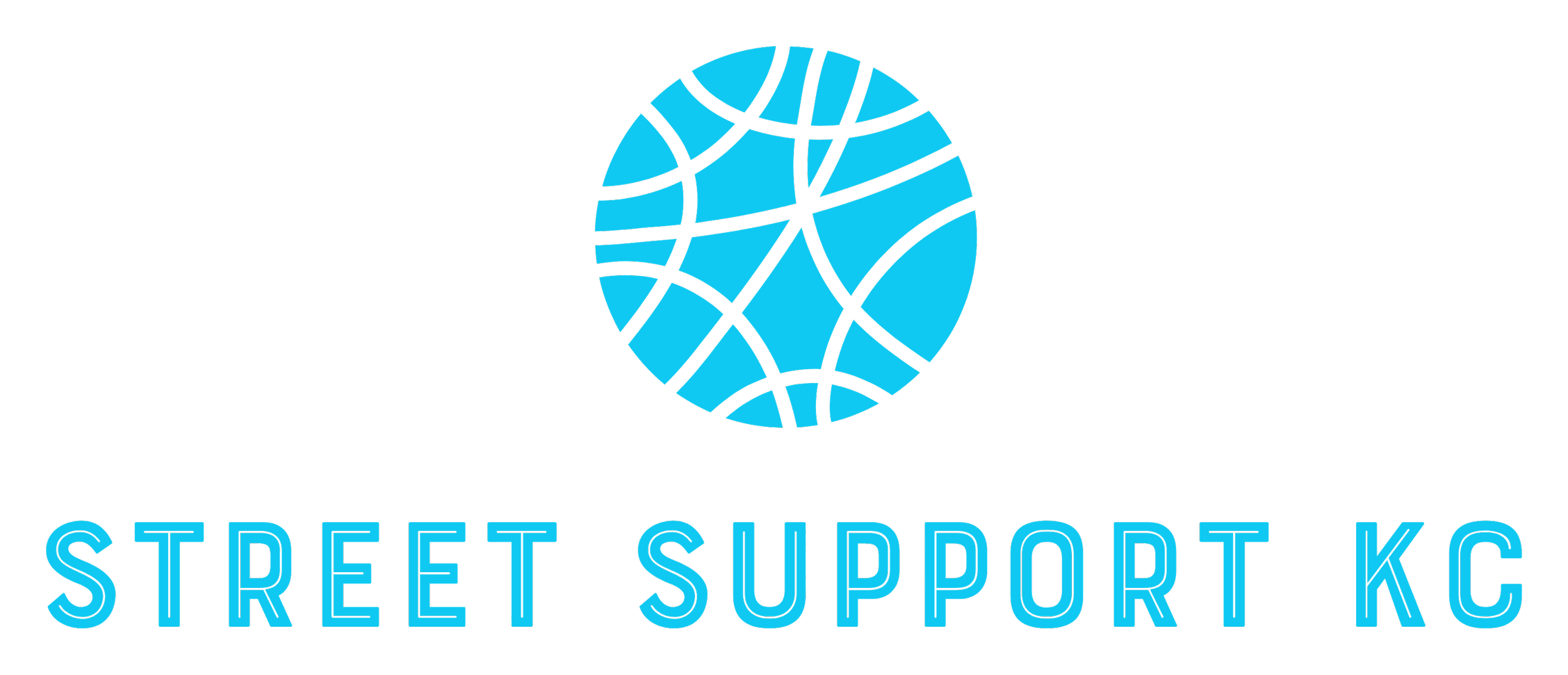 Logo for Street Support KC featuring a blue map pin shaped globe and bright blue text.
