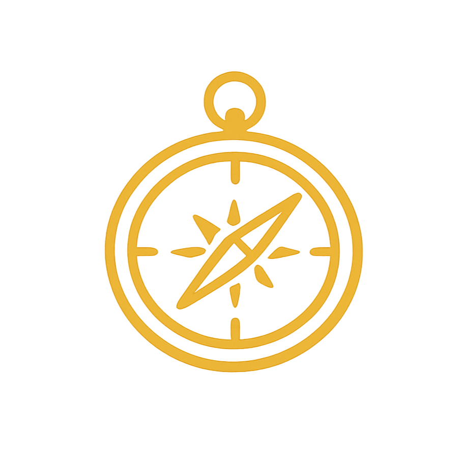 Gold outline of a compass with a loop at the top.