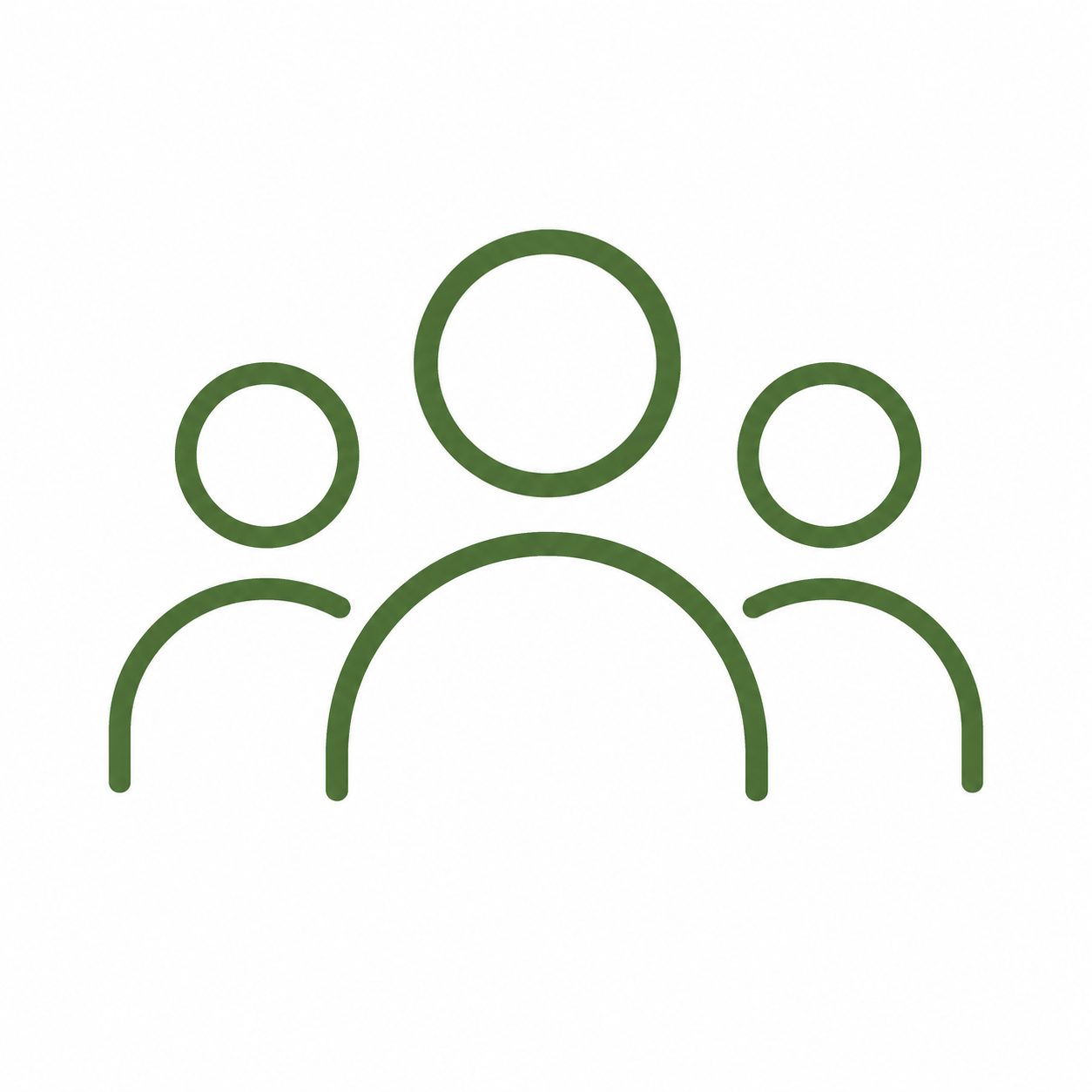 Minimalist outline icon of three people, with one larger figure in front and two smaller figures behind, representing a group or team.