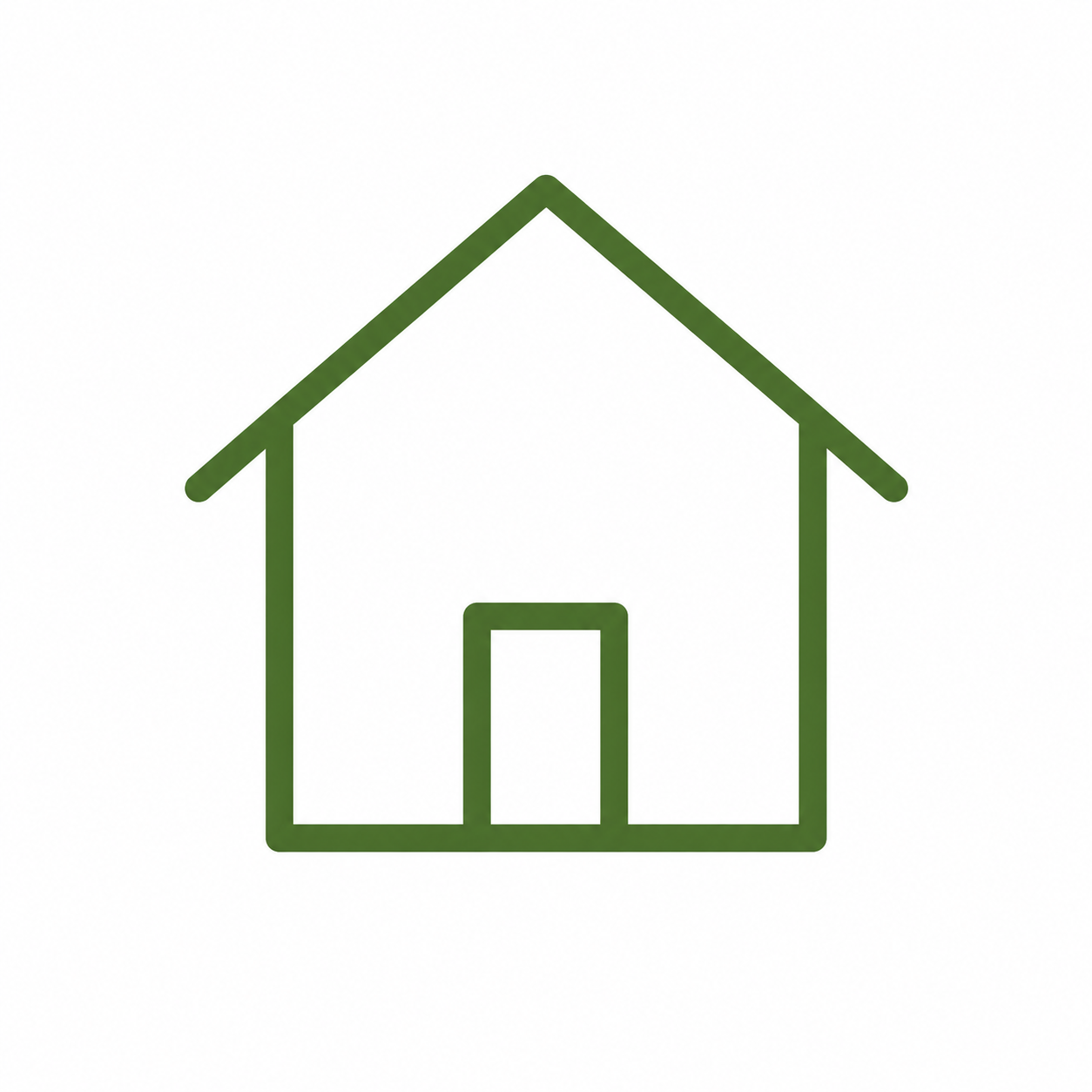 Green outline of a house with a peaked roof and a door.