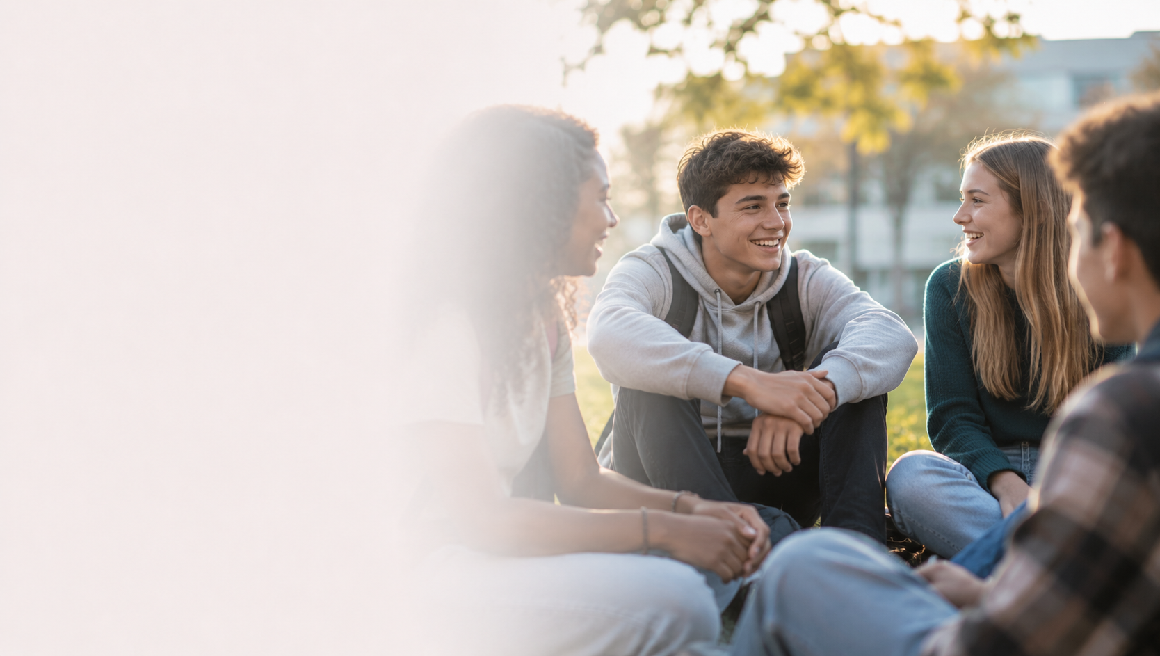 Group of five diverse teenagers sitting outdoors on grass, laughing and talking during daylight with trees and buildings in the background.