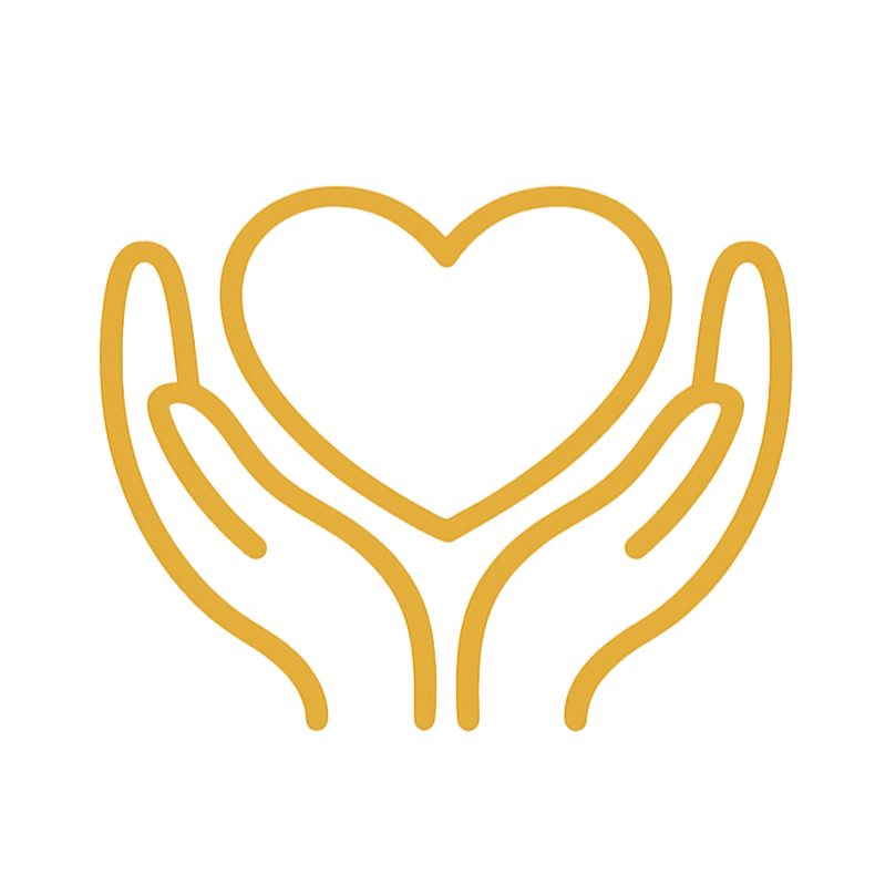 Illustration of two hands holding a heart, outlined in gold.