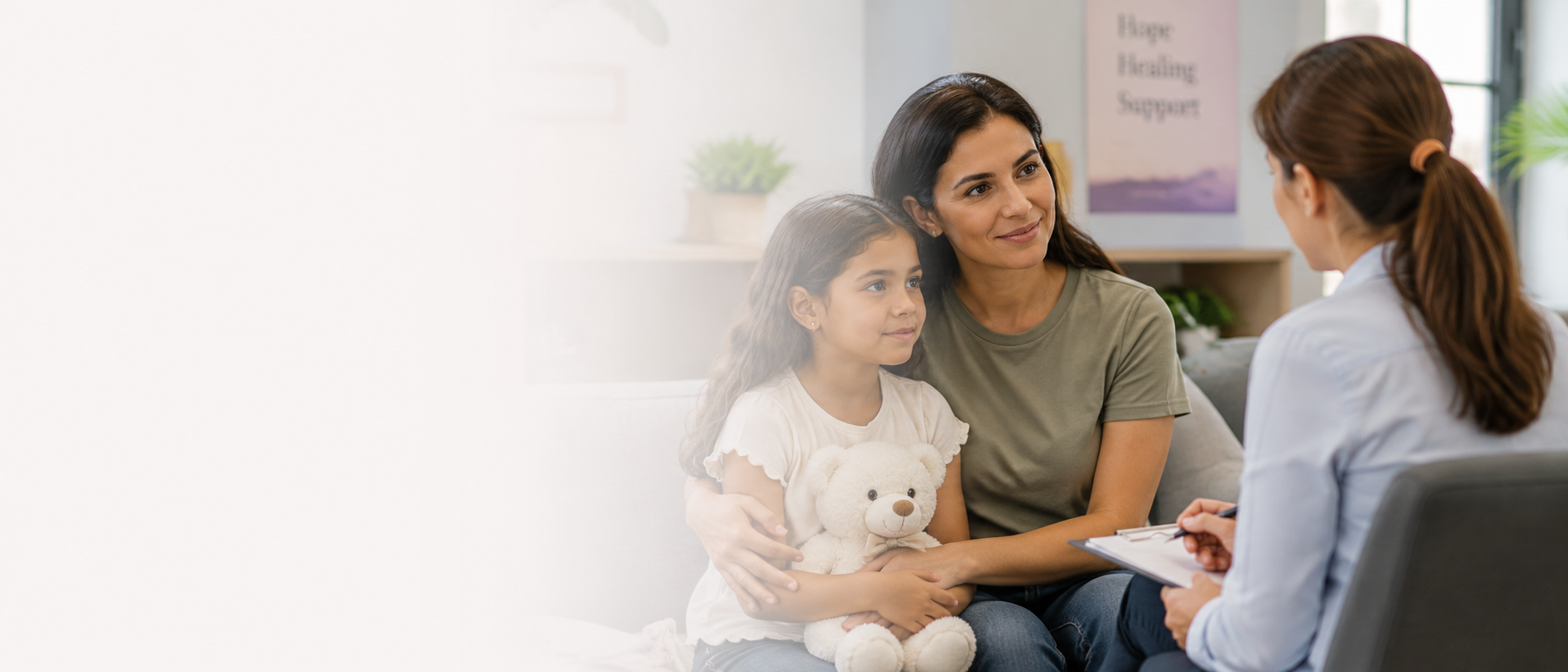 A woman and young girl sitting on a couch during a therapy session with a counselor. The woman is holding a plush teddy bear and looking at the counselor, who is writing on a clipboard. The room is bright and decorated with plants and framed artwork.