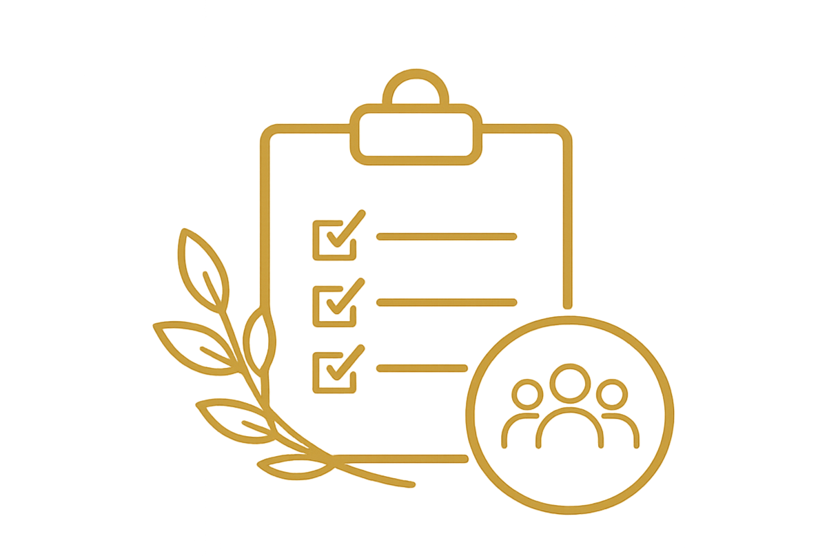 Gold outlined icon of a clipboard with checkmarks, a circular badge with three figures representing a team, and a decorative laurel branch on a colorful background.