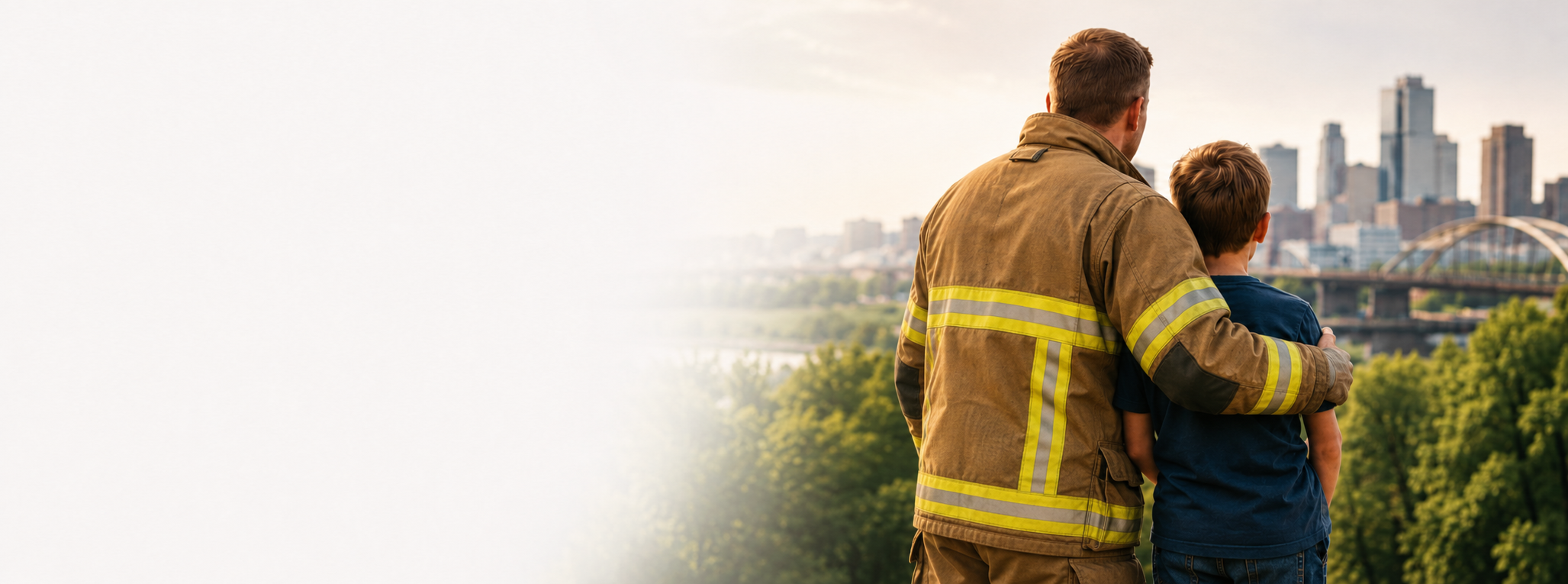 A firefighter in uniform hugging a young boy with the city skyline and a bridge in the background.