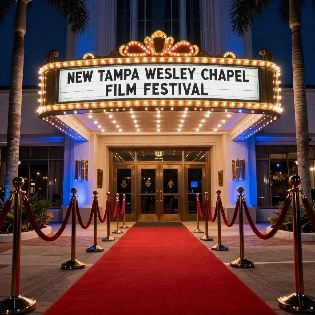 Illuminated theater marquee at night reading 'New Tampa Wesley Chapel Film Festival,' flanked by palm trees, with a red carpet lined by rope stanchions leading to the entrance.