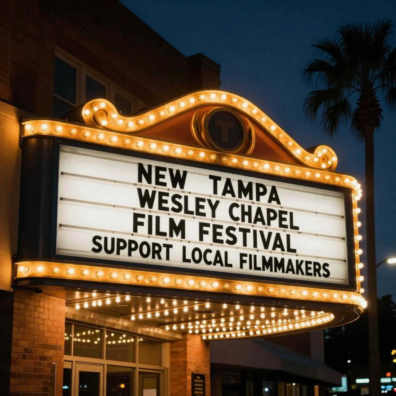 Lit vintage theater marquee reading "New Tampa Wesley Chapel Film Festival – Support Local Filmmakers" with a palm tree at dusk.