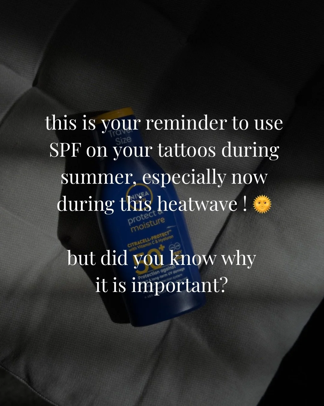 this is your reminder to use SPF on your tattoos during summer, especially now during this heatwave ! 🌞 but did you know why it is important? 

UV rays are breaking down ink pigments, causing ink to fade &amp; lines to blur faster. sun damage is the