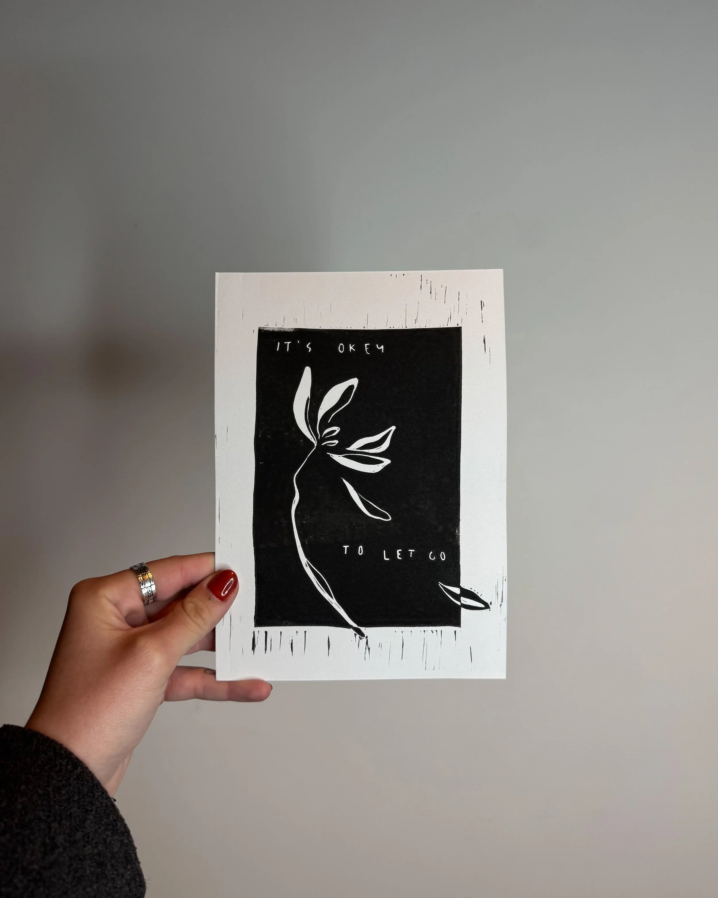 Original Lino Print 'LET GO FLOWER' A5