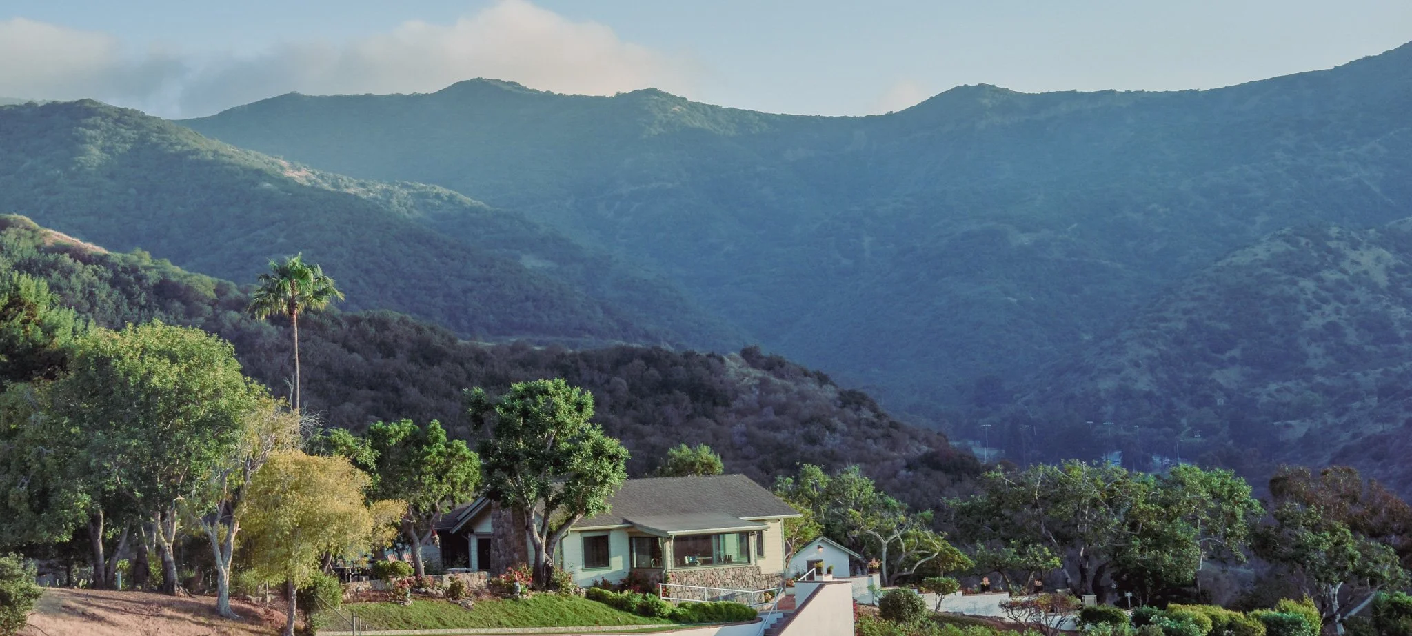 Hills covered in greenery with a house and trees in the foreground.